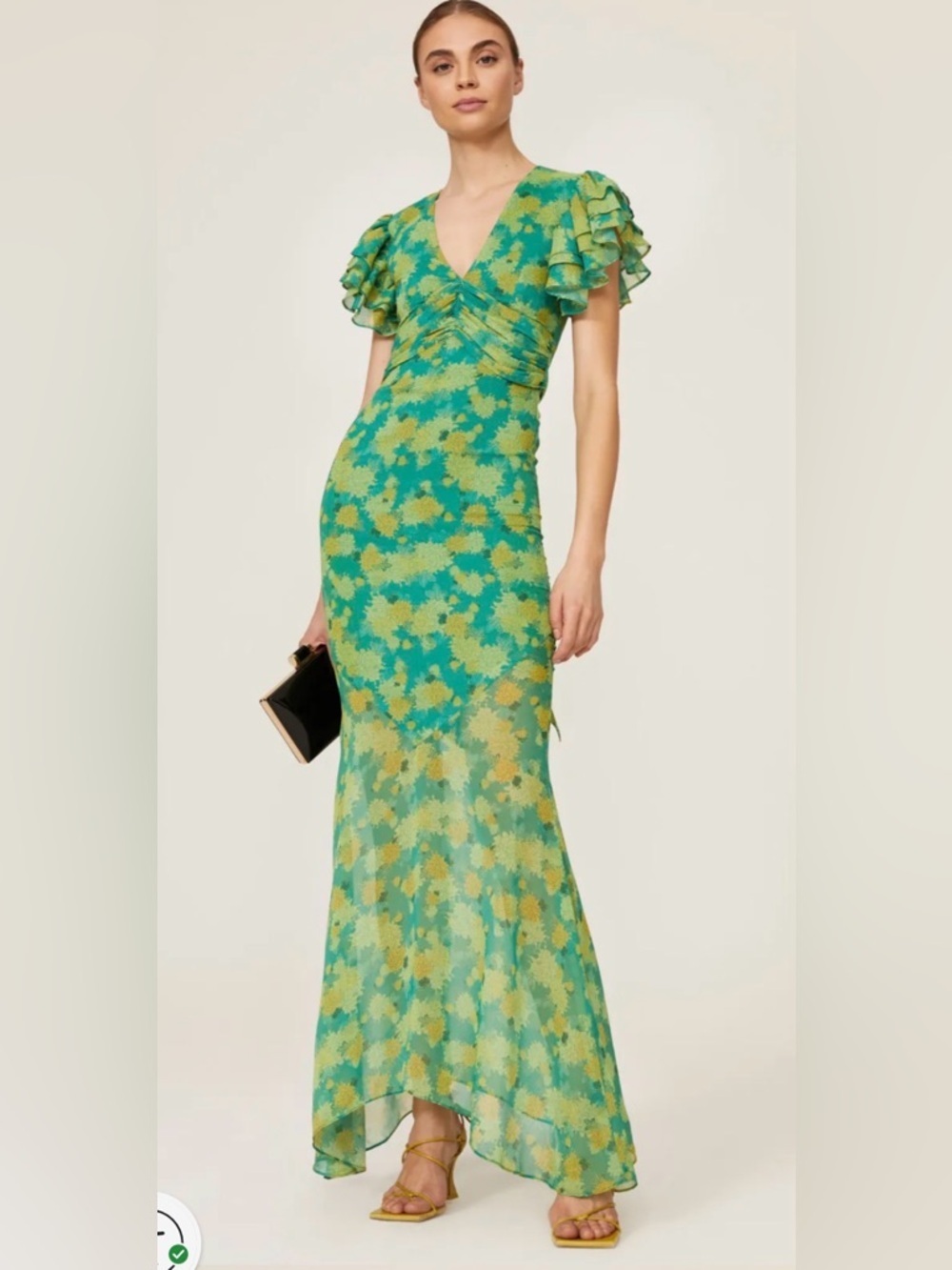 De La Vali 
Palmera Green Floral V-Neck Ruffle-Sleeve Maxi Dress size US 6. - Picture 3 of 12